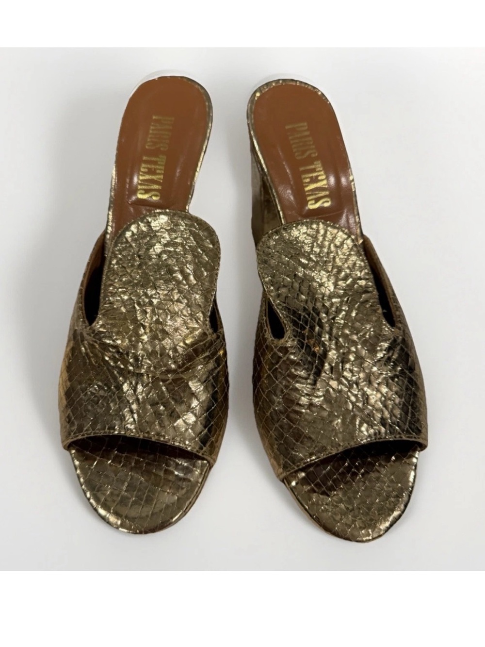 Paris Texas Gold Snakeskin Print Block Heel Mules Size 38.5